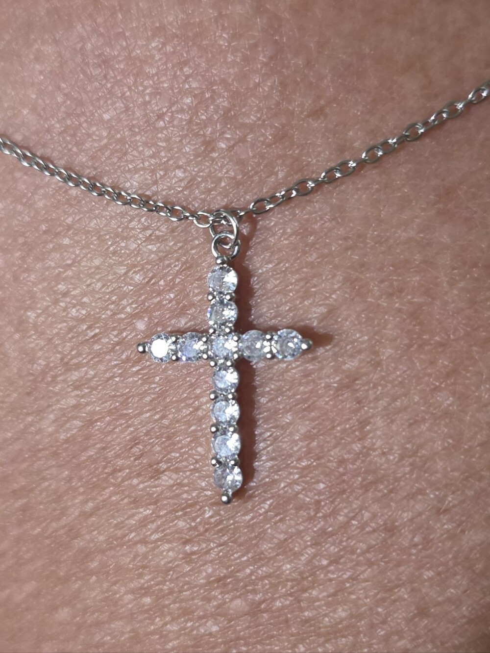 Silver Cubic Zirconia Cross Necklace - White